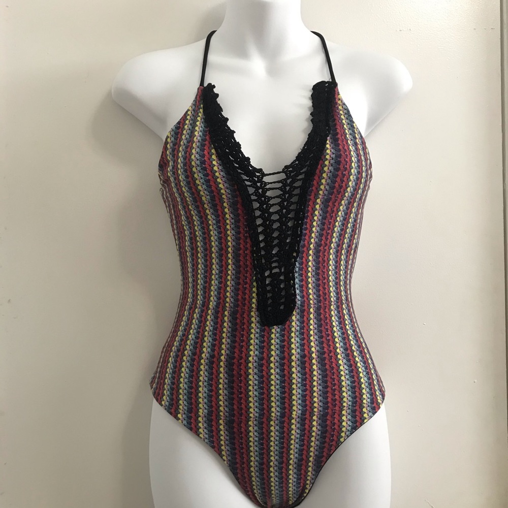 EUC Open back pattern one piece bathing suit box